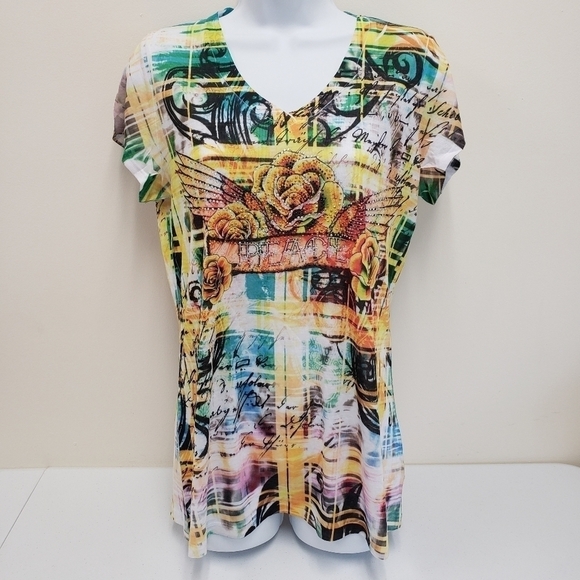 B.L.E.U. Womens V-neck Embellished Peace Top Bleu Size Small - Picture 1 of 5